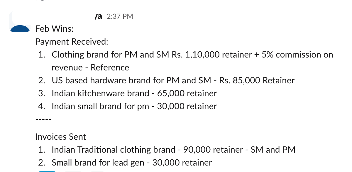Founder win — February retainers and invoices
