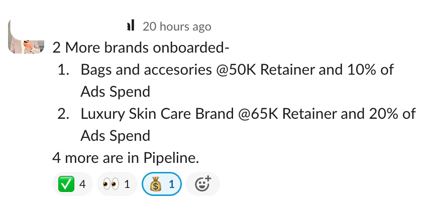 Founder win — 2 brands onboarded at 50K and 65K retainers