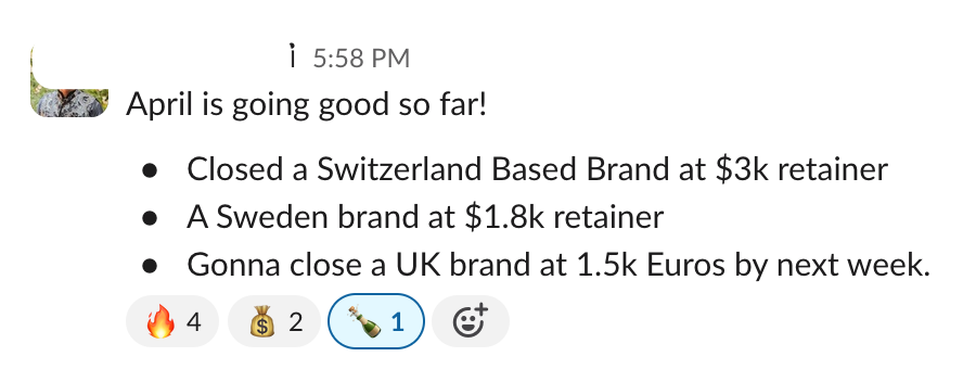 Founder win — international clients closed at $3k and $1.8k retainers