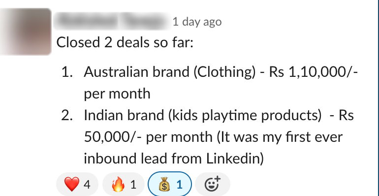 Founder win — 2 deals closed — Rs 1,10,000 per month and Rs 50,000 per month, first inbound lead from LinkedIn