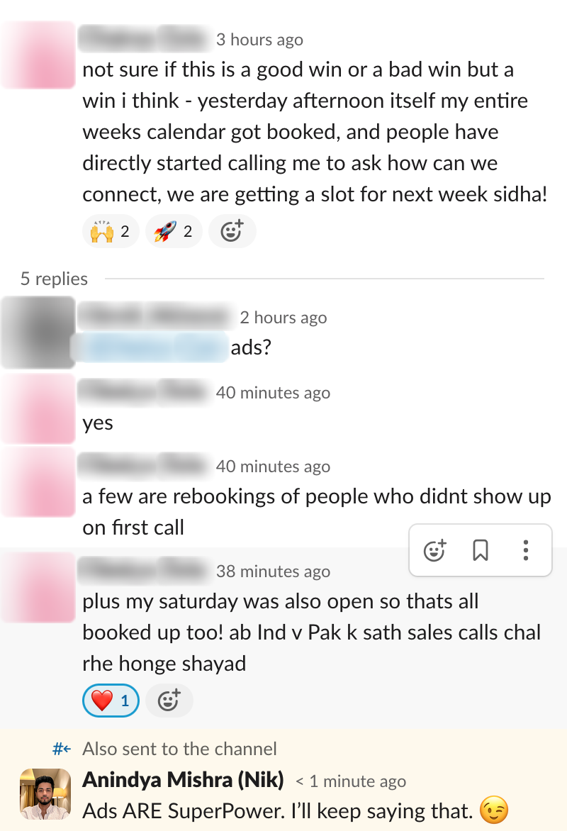 Founder win — Entire week's calendar booked from ads — Saturday included