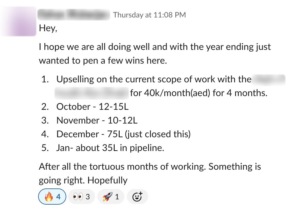 Founder win — Year-end wins — October 12-15L, November 10-12L, December 75L just closed, 35L in the January pipeline