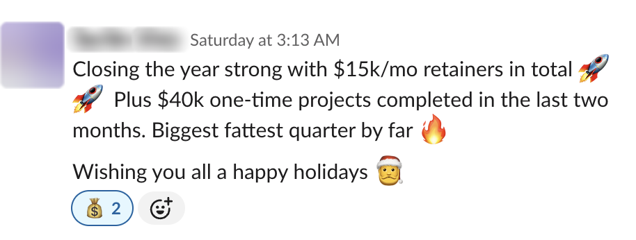 Founder win — Closing the year at $15k/mo in retainers, plus $40k of one-time projects in two months